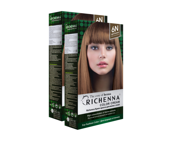 Richenna Набор крем-краска для волос с хной № 6N (Light Chestnut) 2 шт  Внимание! В набор входит 2 упаковки краски со сроком реализации 09/2025!, Оттенок: 6N (Light Chestnut), фото 