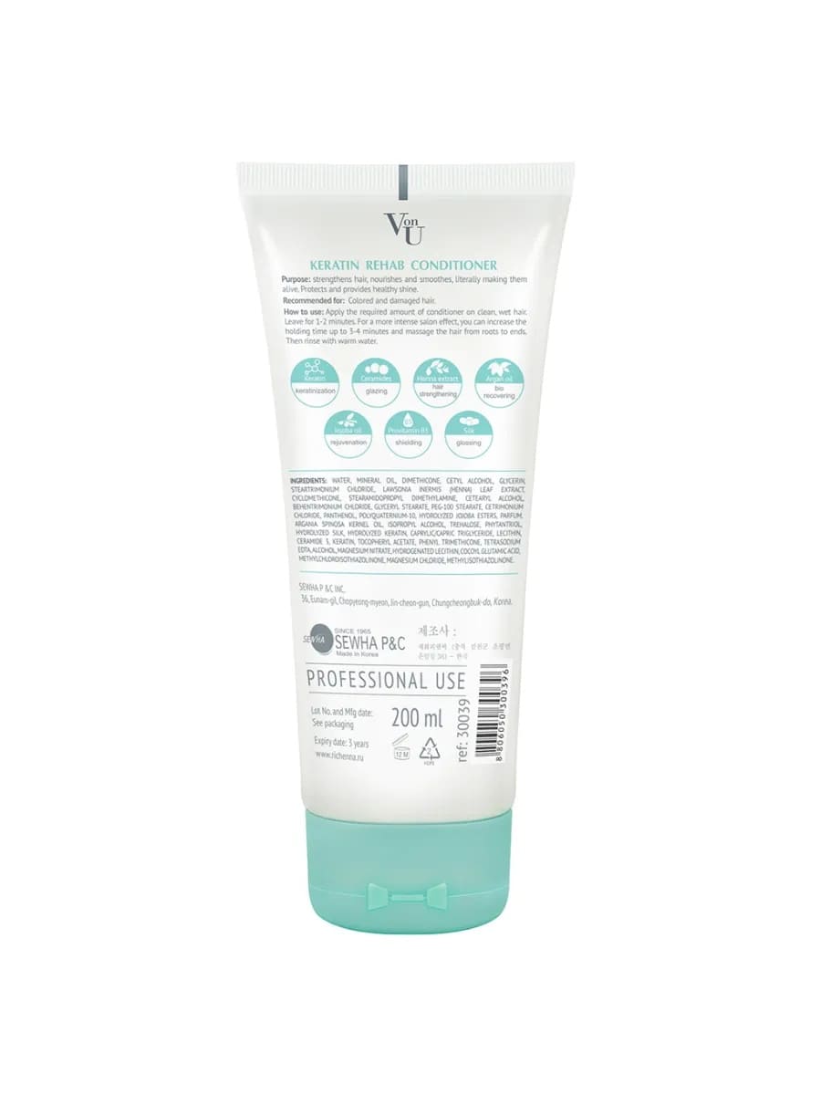 Von U Кондиционер для волос с кератином Keratin Rehab 200 мл